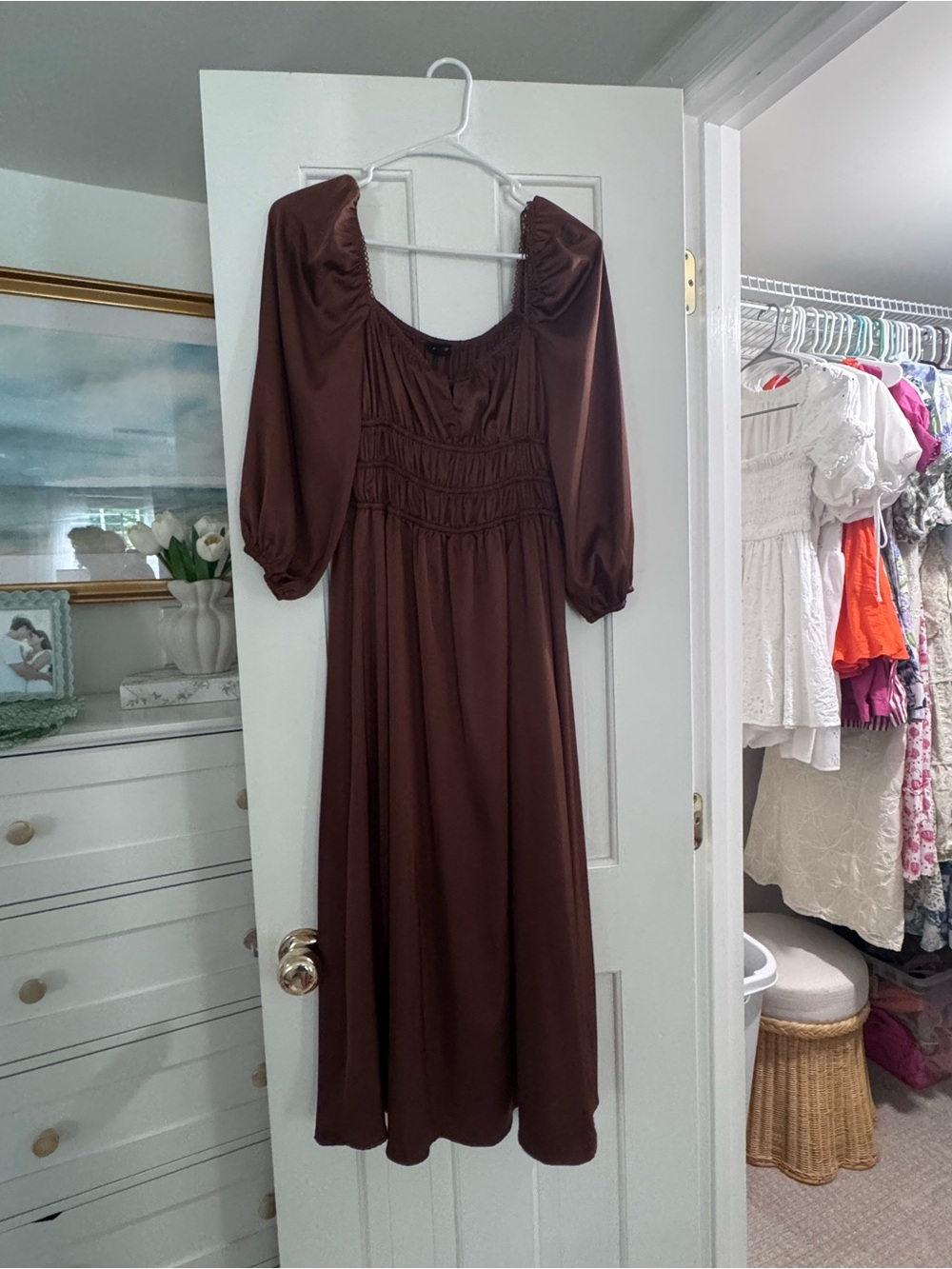 Brown Puff-Sleeve Midi Dress